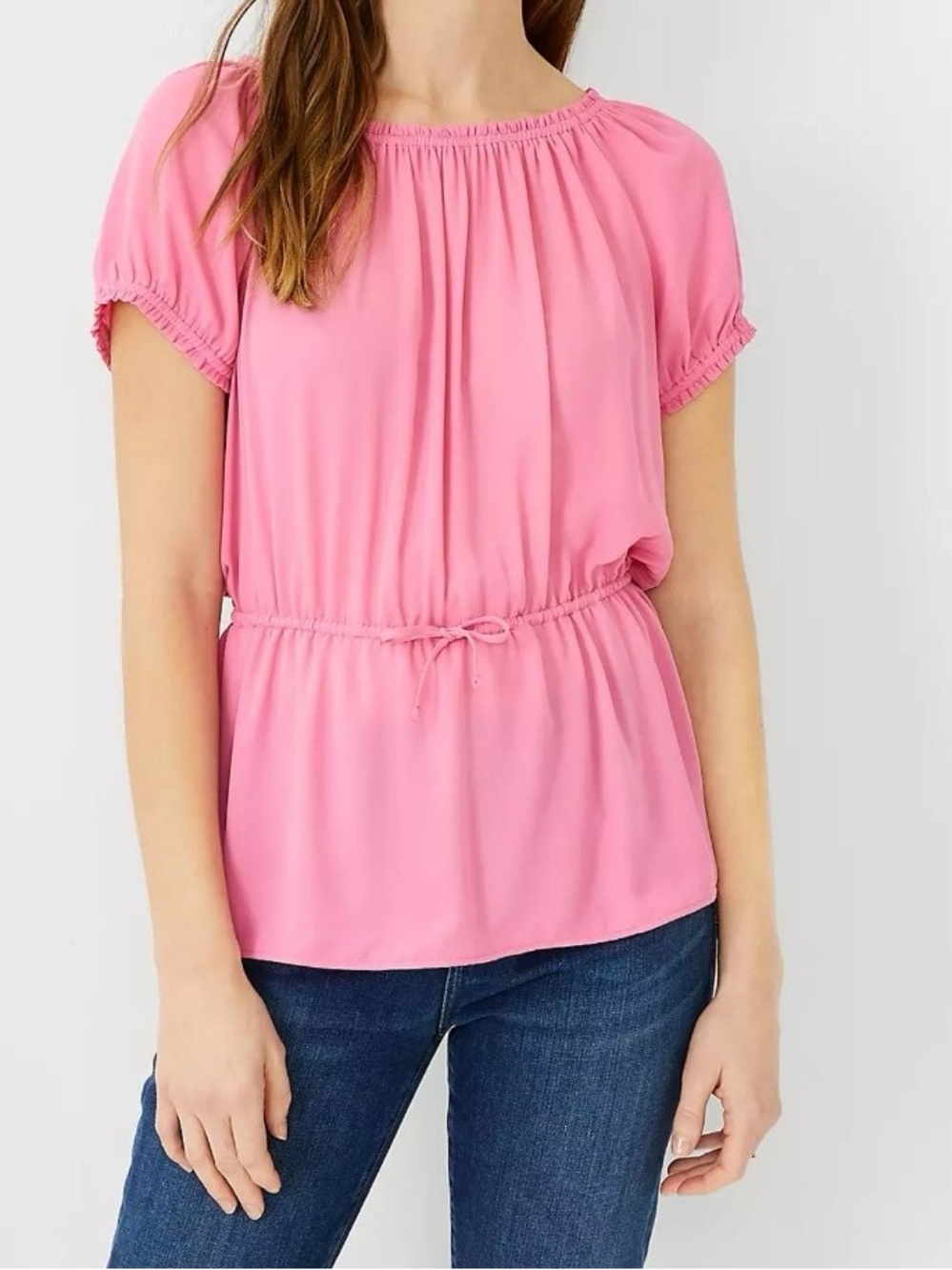 NWT Ann Taylor Mixed Media Tie Waist Top Blouse Pink Size L